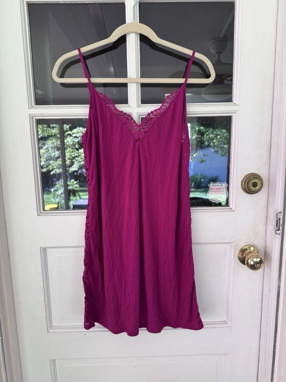 Victoria's Secret Magenta Lace Trim Slip Dress Nightgown L Strappy Back Coquette - Picture 5 of 8